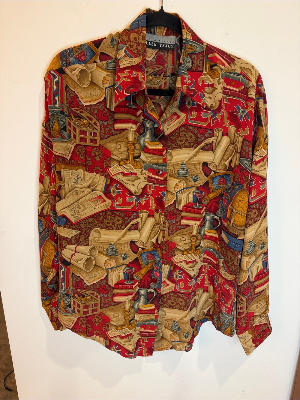 Vintage 80s/90s Linda Allard Ellen Tracy 100% Silk Novelty Print Shirt, 10